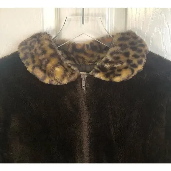 Vintage Christie Brooks Brown Faux Fur Cheetah Collar Jacket Y2K - Girl's L (14) - Picture 2 of 9